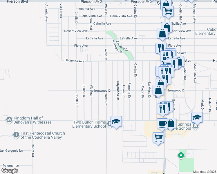 map of restaurants, bars, coffee shops, grocery stores, and more near 13423 Santa Ysabel Drive in Desert Hot Springs