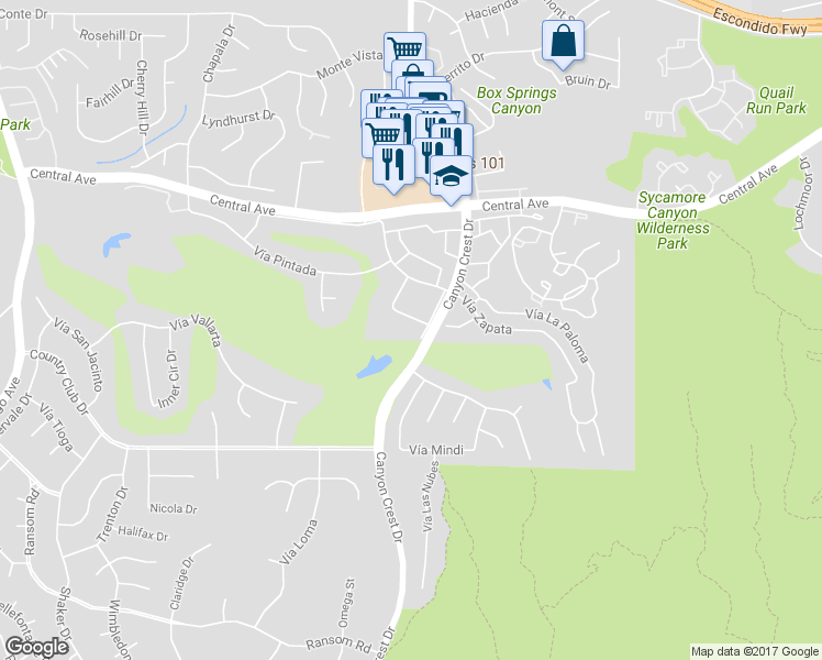 map of restaurants, bars, coffee shops, grocery stores, and more near 5555 Canyon Crest Drive in Riverside
