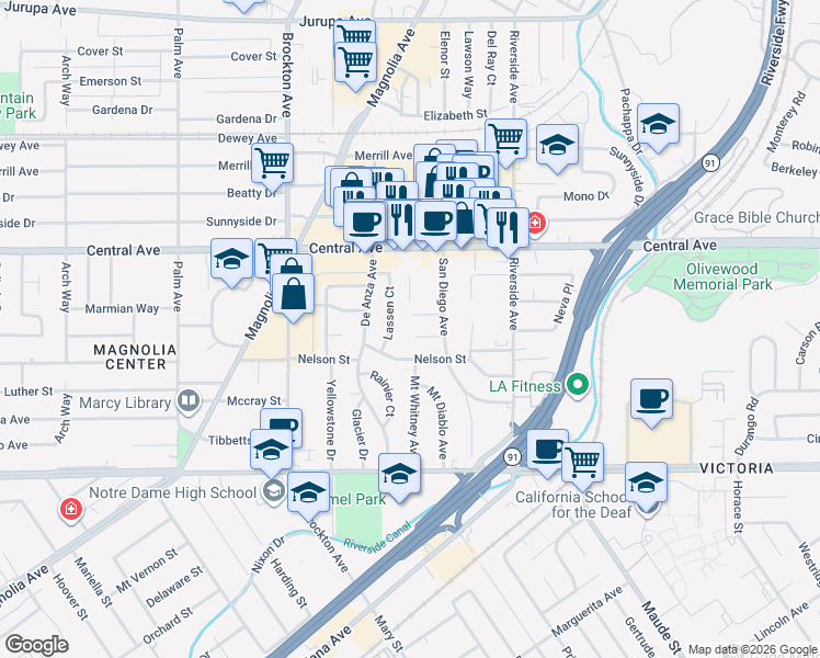 map of restaurants, bars, coffee shops, grocery stores, and more near 3584 Cheryl Way in Riverside