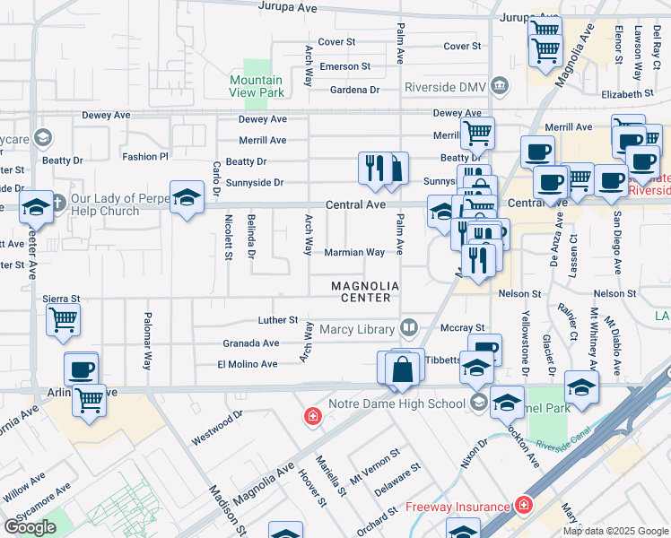 map of restaurants, bars, coffee shops, grocery stores, and more near 4619 Orange Vista Way in Riverside