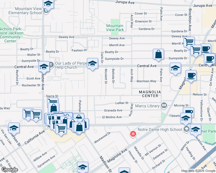 map of restaurants, bars, coffee shops, grocery stores, and more near 6725 Nicolett Street in Riverside