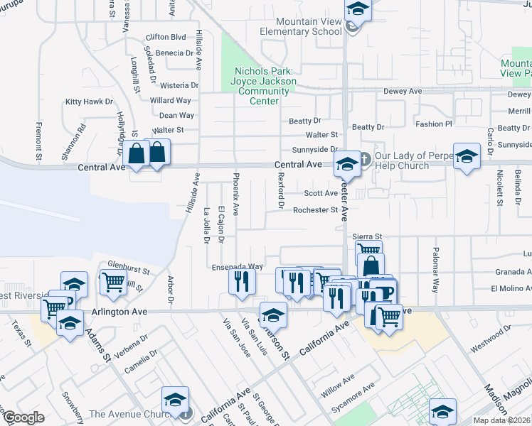 map of restaurants, bars, coffee shops, grocery stores, and more near 6738 Clifford Street in Riverside