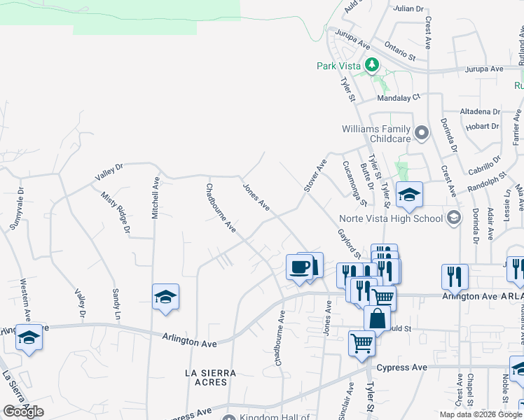 map of restaurants, bars, coffee shops, grocery stores, and more near 6834 Jones Avenue in Riverside