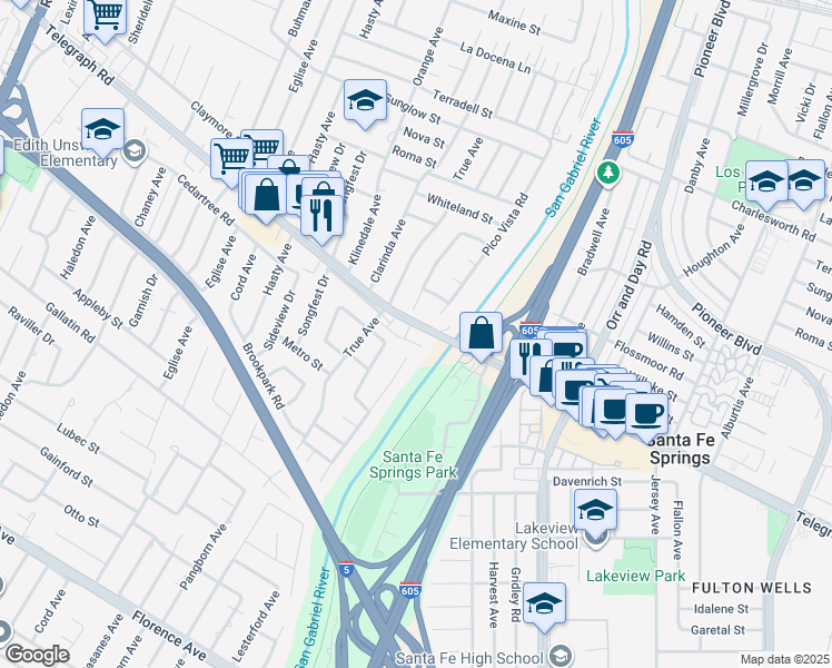 map of restaurants, bars, coffee shops, grocery stores, and more near 9146 Pico Vista Road in Downey