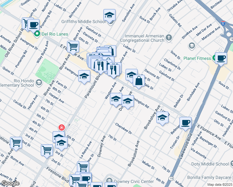 map of restaurants, bars, coffee shops, grocery stores, and more near 10247 La Reina Avenue in Downey