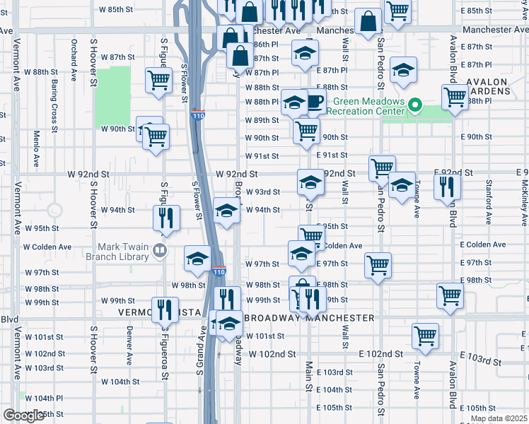 map of restaurants, bars, coffee shops, grocery stores, and more near 167 West 94th Street in Los Angeles