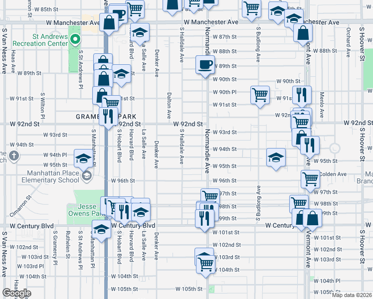 map of restaurants, bars, coffee shops, grocery stores, and more near 1448 West 94th Street in Los Angeles