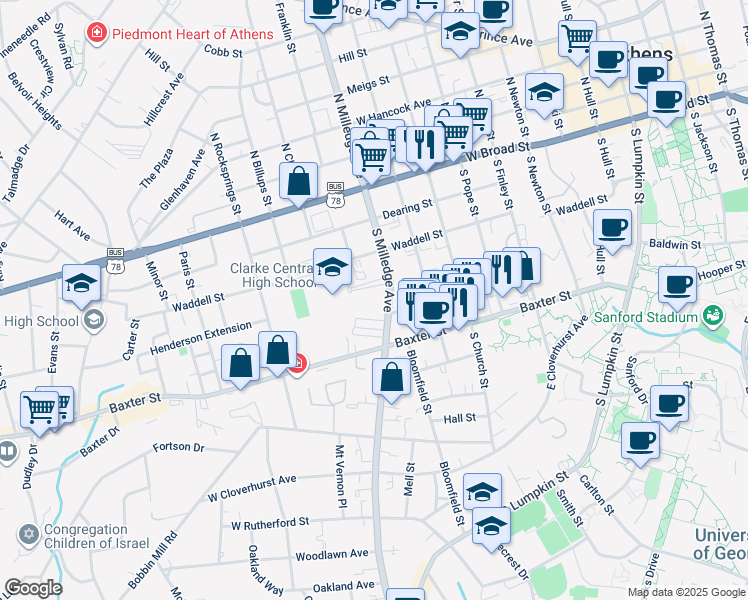map of restaurants, bars, coffee shops, grocery stores, and more near 394 South Milledge Avenue in Athens