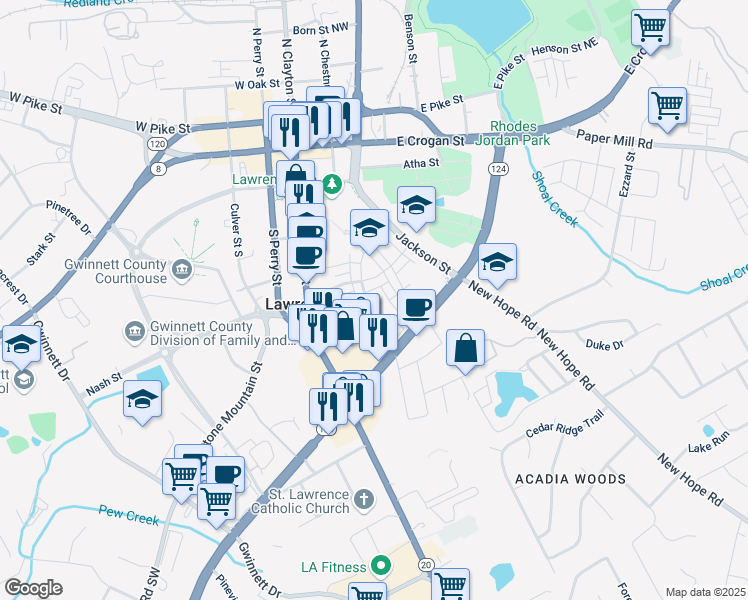 map of restaurants, bars, coffee shops, grocery stores, and more near in Lawrenceville