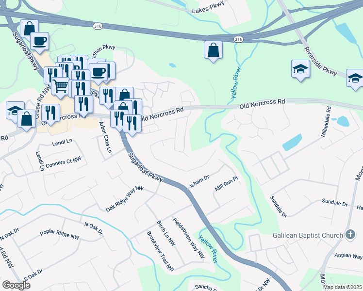 map of restaurants, bars, coffee shops, grocery stores, and more near 690 Winding River Drive in Lawrenceville