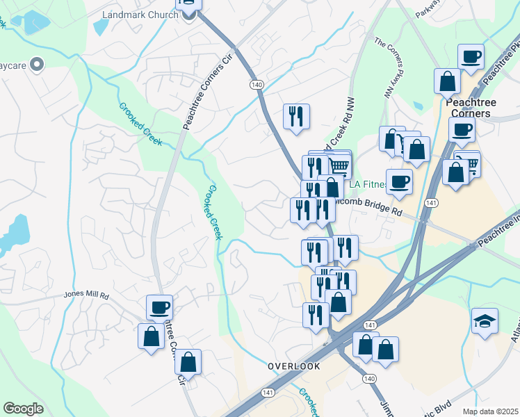 map of restaurants, bars, coffee shops, grocery stores, and more near 3383 Holcomb Bridge Road in Norcross