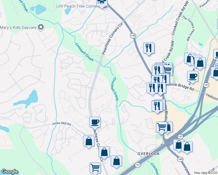 map of restaurants, bars, coffee shops, grocery stores, and more near 6428 Parton Court in Norcross
