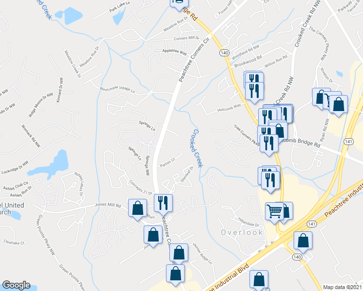 map of restaurants, bars, coffee shops, grocery stores, and more near 6428 Parton Court in Norcross