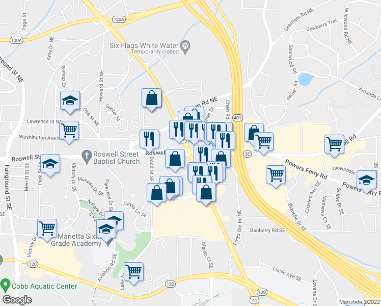 map of restaurants, bars, coffee shops, grocery stores, and more near 3 Cobb Parkway Southeast in Marietta