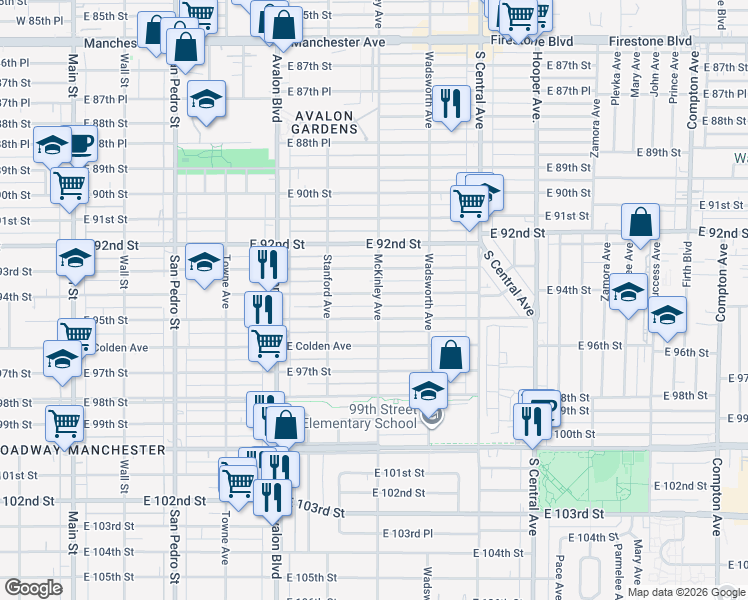 map of restaurants, bars, coffee shops, grocery stores, and more near 758 East 94th Street in Los Angeles