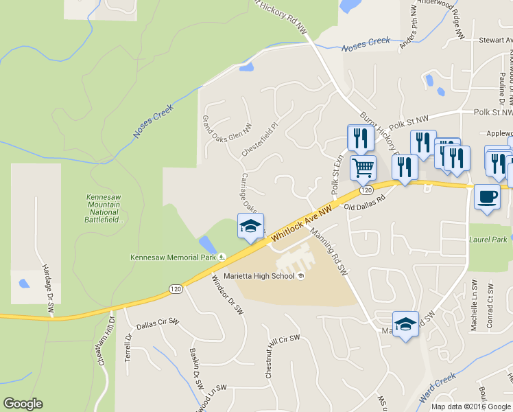 map of restaurants, bars, coffee shops, grocery stores, and more near 40 Carriage Oaks Drive Northwest in Marietta