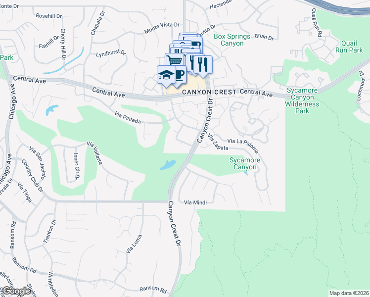 map of restaurants, bars, coffee shops, grocery stores, and more near 5555 Canyon Crest Drive in Riverside