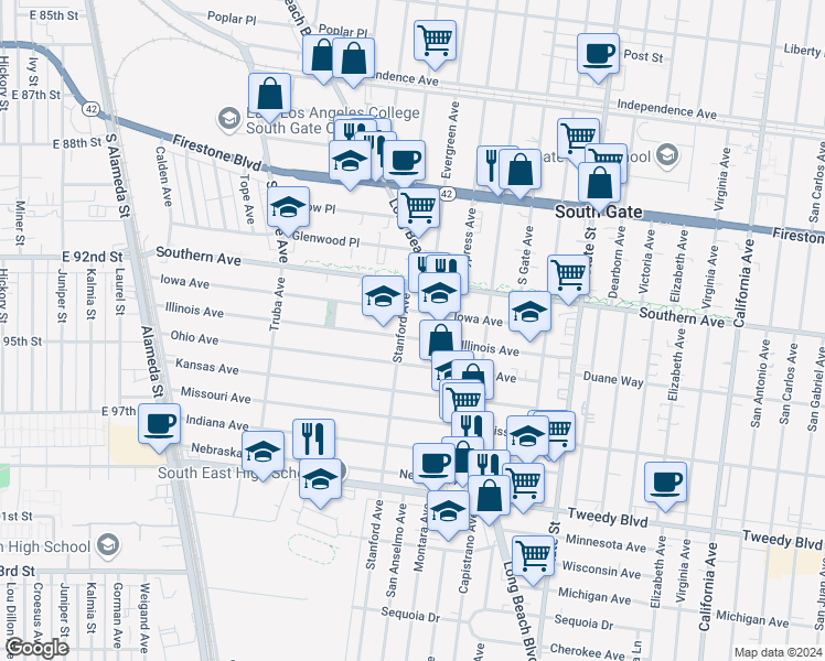 map of restaurants, bars, coffee shops, grocery stores, and more near 2913 Illinois Avenue in South Gate