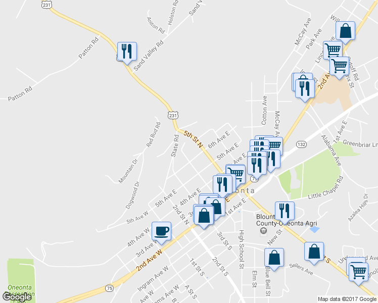 map of restaurants, bars, coffee shops, grocery stores, and more near 606 4th Street North in Oneonta