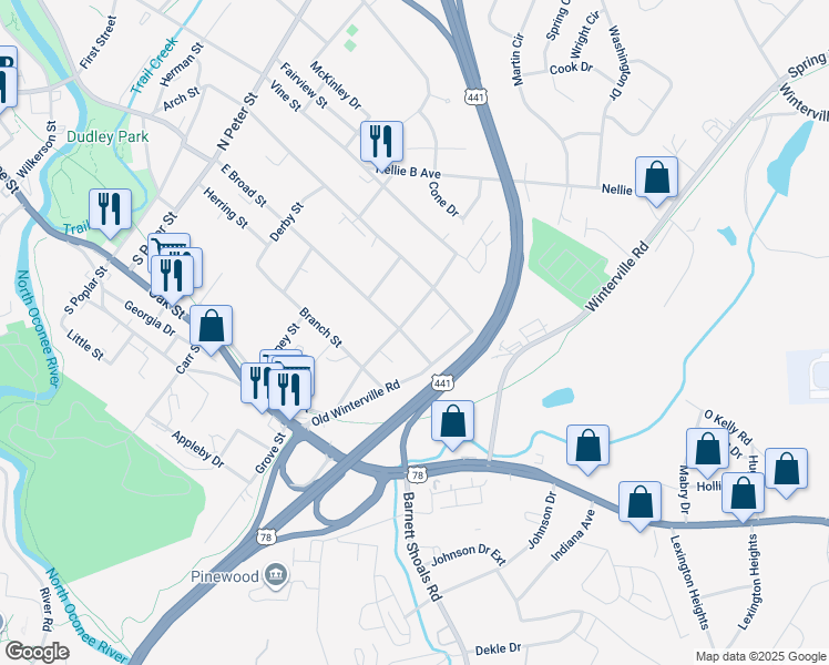 map of restaurants, bars, coffee shops, grocery stores, and more near 1725 East Broad Street in Athens
