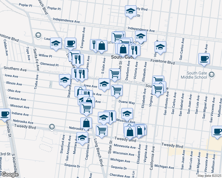 map of restaurants, bars, coffee shops, grocery stores, and more near 9232 Madison Avenue in South Gate