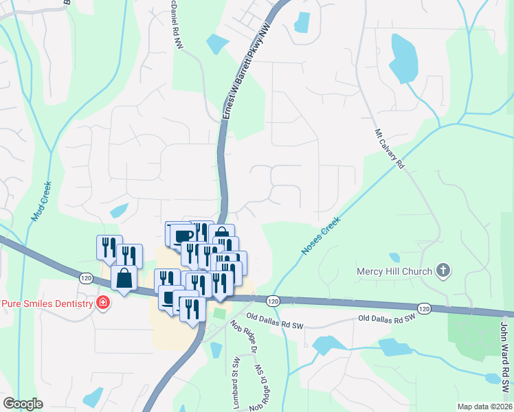 map of restaurants, bars, coffee shops, grocery stores, and more near 2391 Battle Forest Drive Southwest in Marietta