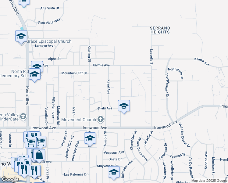 map of restaurants, bars, coffee shops, grocery stores, and more near 25672 Laurelwood Place in Moreno Valley