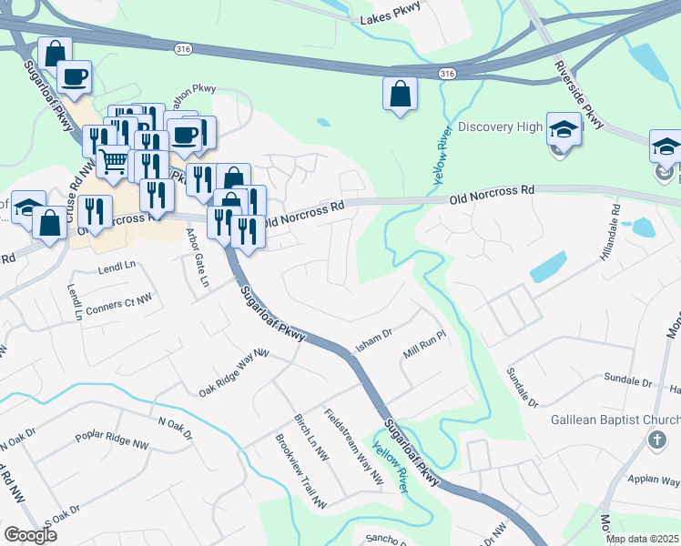 map of restaurants, bars, coffee shops, grocery stores, and more near 690 Winding River Drive in Lawrenceville
