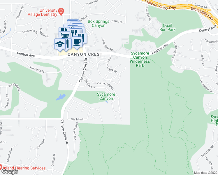 map of restaurants, bars, coffee shops, grocery stores, and more near 634 Vía La Paloma in Riverside