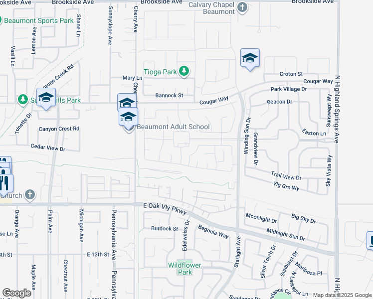 map of restaurants, bars, coffee shops, grocery stores, and more near 1381 Pyrite Way in Beaumont