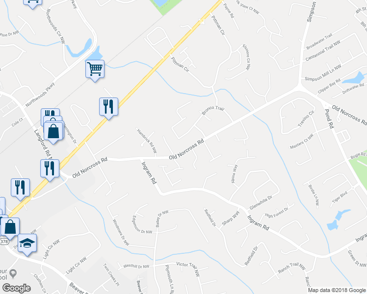 map of restaurants, bars, coffee shops, grocery stores, and more near 4973 Old Norcross Road in Duluth