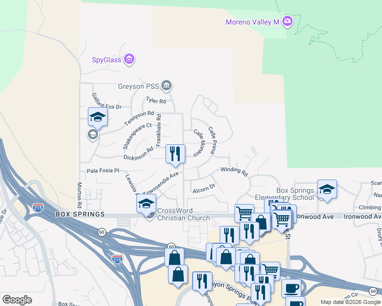 map of restaurants, bars, coffee shops, grocery stores, and more near 21540 Calle Monaco in Moreno Valley