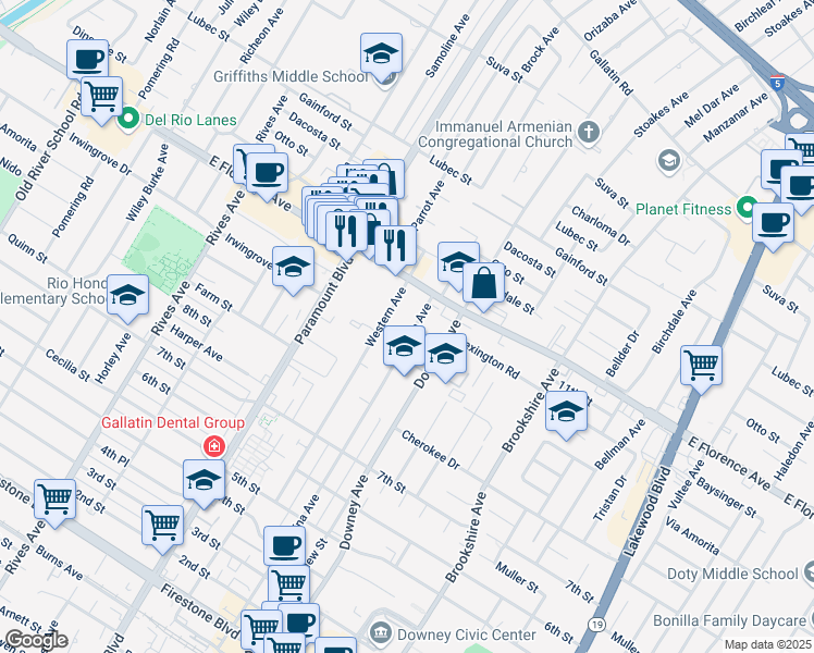 map of restaurants, bars, coffee shops, grocery stores, and more near 10247 La Reina Avenue in Downey