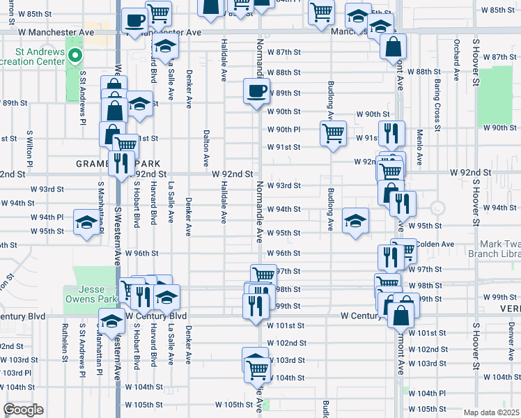 map of restaurants, bars, coffee shops, grocery stores, and more near S Normandie Ave & W 94th St in Westmont