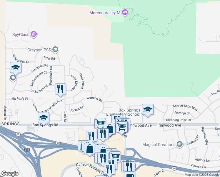 map of restaurants, bars, coffee shops, grocery stores, and more near 11610 Bald Eagle Lane in Moreno Valley