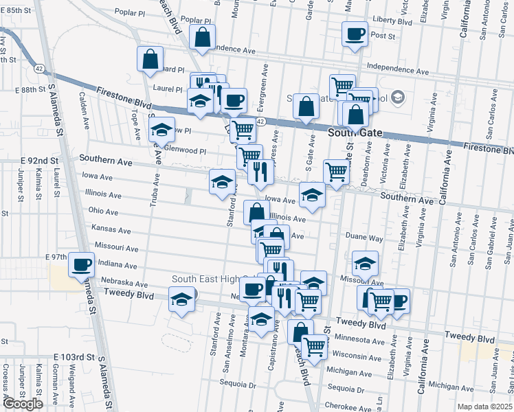 map of restaurants, bars, coffee shops, grocery stores, and more near 9325 Long Beach Boulevard in South Gate