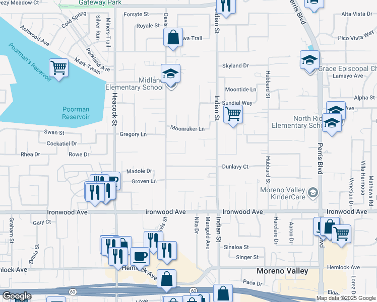 map of restaurants, bars, coffee shops, grocery stores, and more near 24289 Virginia Lane in Moreno Valley