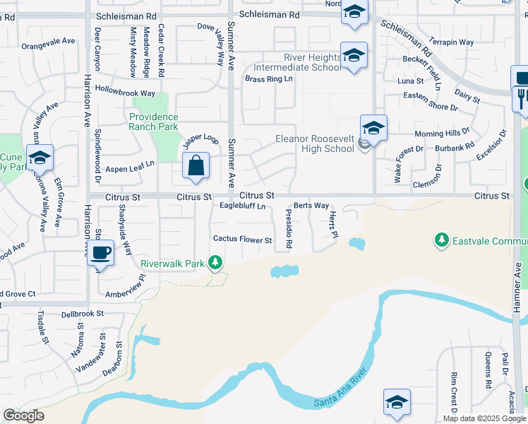 map of restaurants, bars, coffee shops, grocery stores, and more near 13285 Eaglebluff Lane in Corona