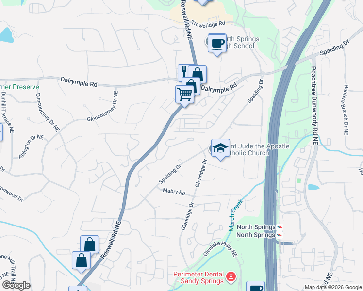 map of restaurants, bars, coffee shops, grocery stores, and more near 7155 Roswell Road in Atlanta