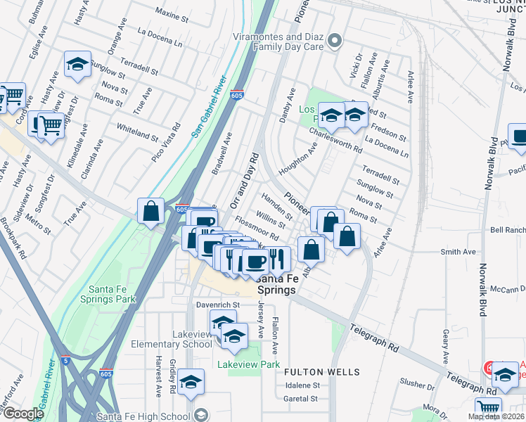 map of restaurants, bars, coffee shops, grocery stores, and more near 11523 Willins Street in Santa Fe Springs