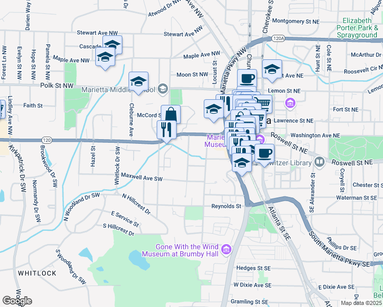 map of restaurants, bars, coffee shops, grocery stores, and more near 43 McDonald Street Southwest in Marietta