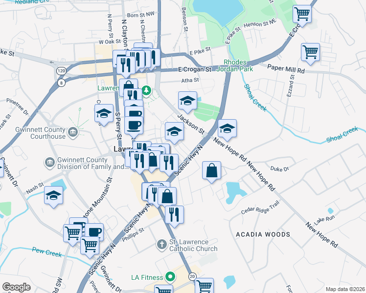 map of restaurants, bars, coffee shops, grocery stores, and more near 118 Green Street in Lawrenceville