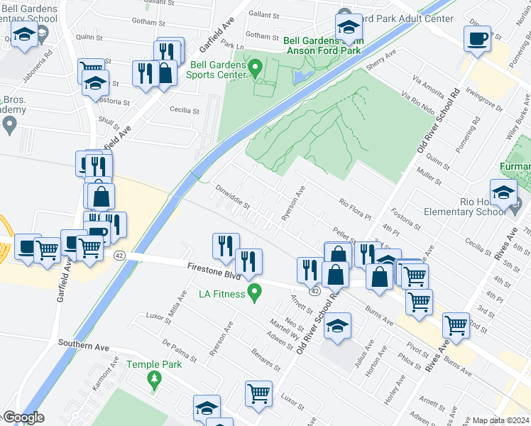 map of restaurants, bars, coffee shops, grocery stores, and more near 7139 Dinwiddie Street in Downey
