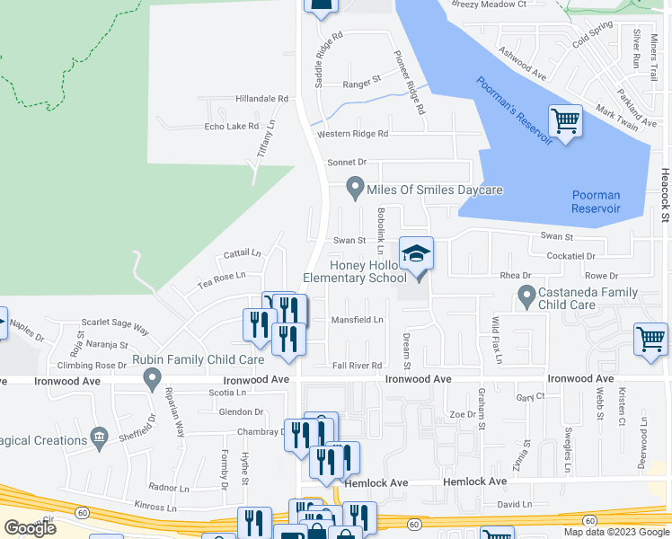 map of restaurants, bars, coffee shops, grocery stores, and more near 11703 Pintail Court in Moreno Valley