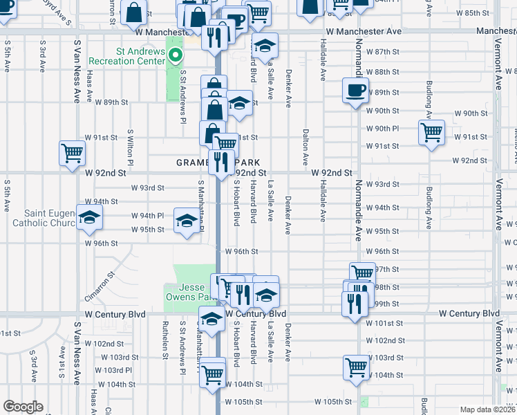 map of restaurants, bars, coffee shops, grocery stores, and more near 9400 Harvard Boulevard in Los Angeles