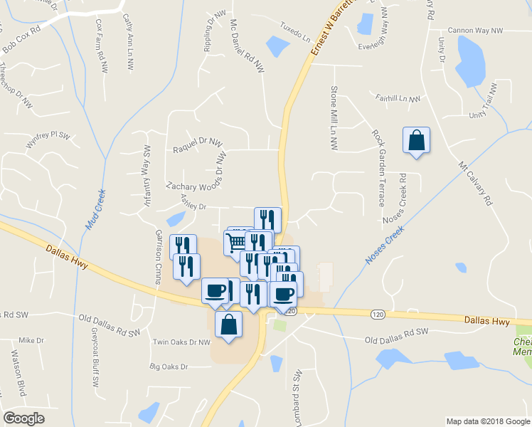 map of restaurants, bars, coffee shops, grocery stores, and more near 2435 Anderson Estates Court in Marietta