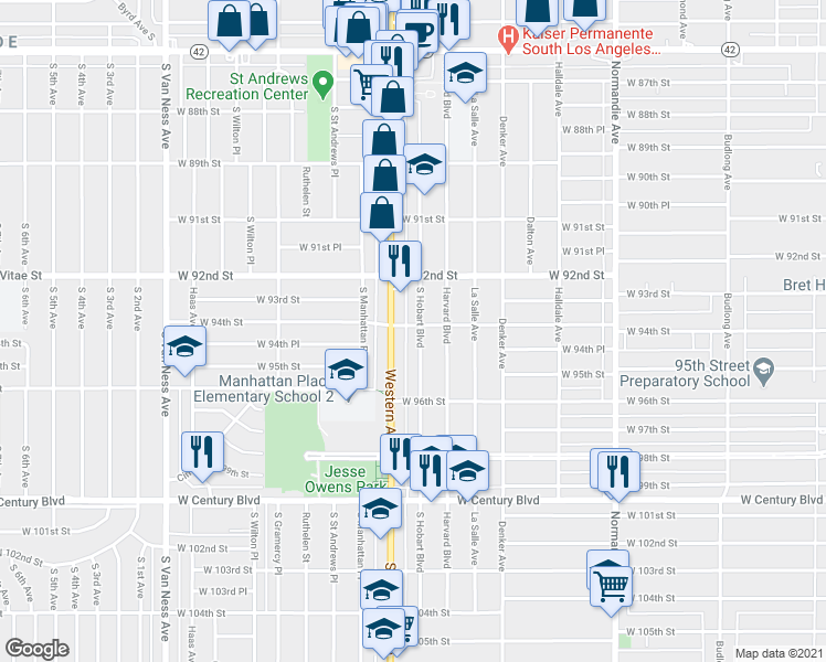 map of restaurants, bars, coffee shops, grocery stores, and more near 1754 West 94th Street in Los Angeles