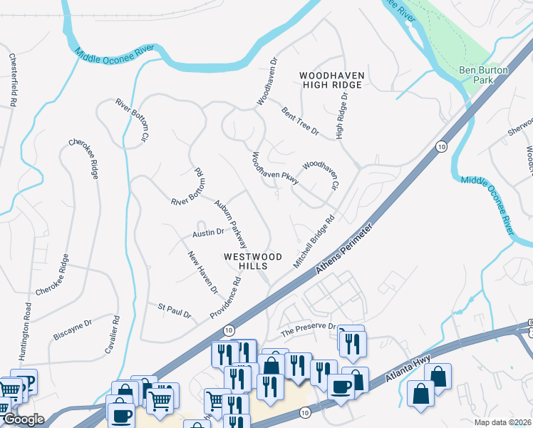 map of restaurants, bars, coffee shops, grocery stores, and more near 350 Providence Road in Athens