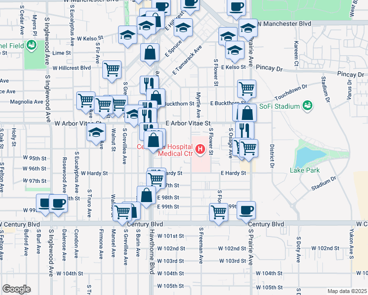 map of restaurants, bars, coffee shops, grocery stores, and more near 947 Myrtle Avenue in Inglewood