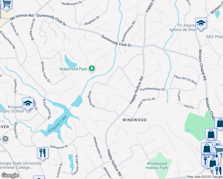 map of restaurants, bars, coffee shops, grocery stores, and more near 2300 Kingsland Drive in Atlanta